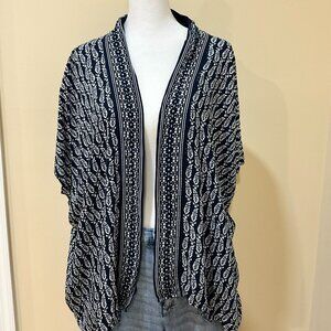LOFT Open Front Kimono Style Short Sleeve Cardigan Navy Blue & White Boho XS/S